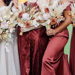 Burnt Orange Maid of honor dress purchased at Dave’s Bridal Shop.